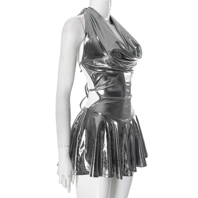 STYLISH LADY Shiny Metallic Pleated Dress 2025 Summer Women Halter Backless Luxury Silver Gold Club Party Evening Mini Dresses