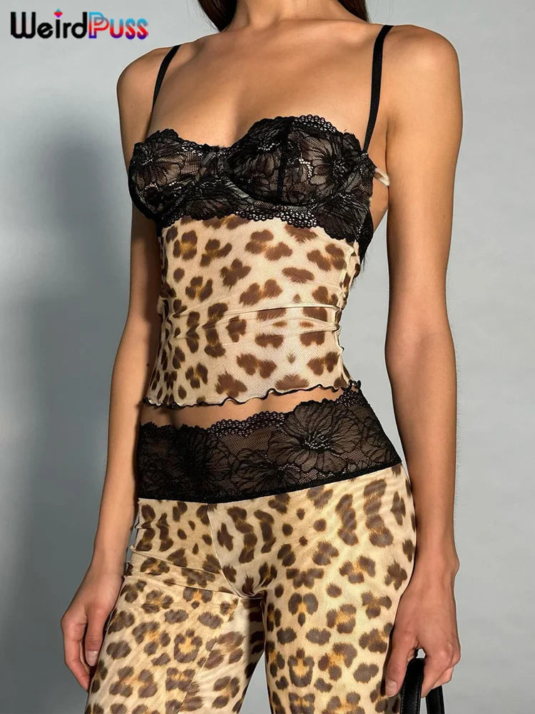 Weird Puss Mesh Patchwork 2 Piece Set Women Sexy Cleavage Sleeveless Crop Tops+Leopard Print Skinny Pants Street Wild Trend Suit