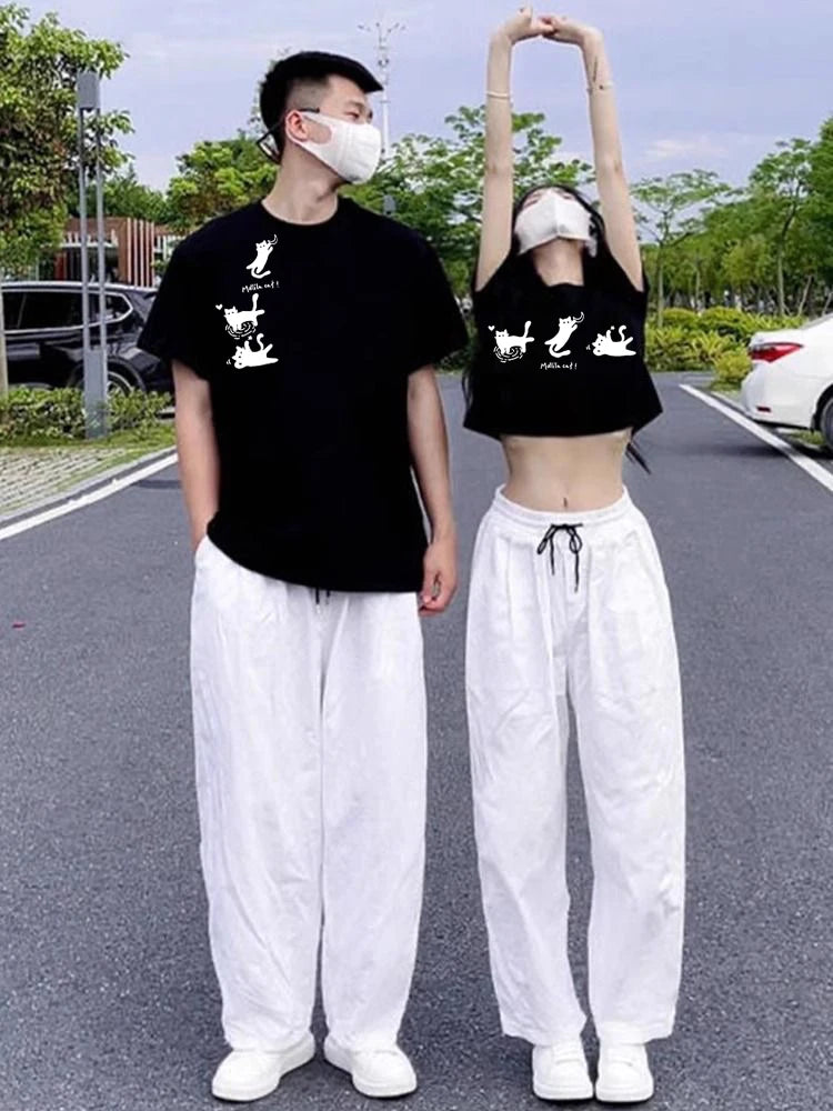2025 New Design Cute Cats Couple Set Graphic T-shirt Summer Fashion Streetwear Cotton Tee Causal Fit Hot Selling