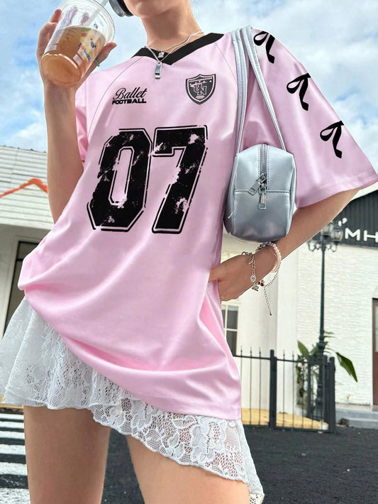 Oversized T-shirt For Women V-Neck Short Sleeve 2025 Summer Pink Patchwork Print Streetwear Tops Casual Football Jersey Y2k Tees
