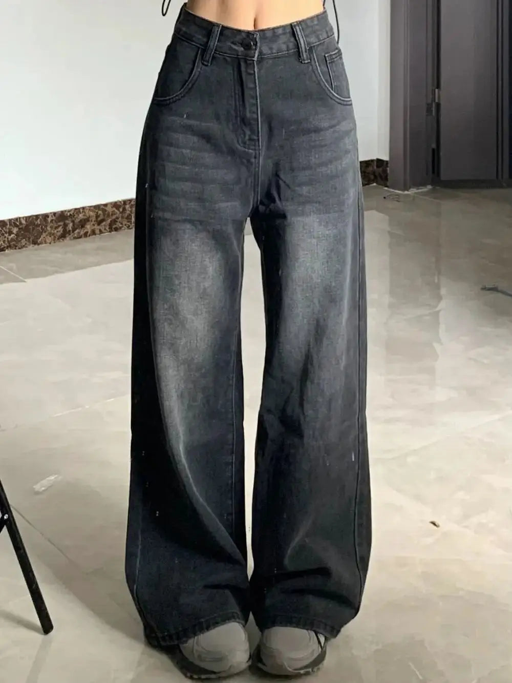 Korean Vintage High Waist ladies Jeans Y2K Slimming Pear-Shaped Loose Straight Bell Bottoms Black Gray Baggy Trousers