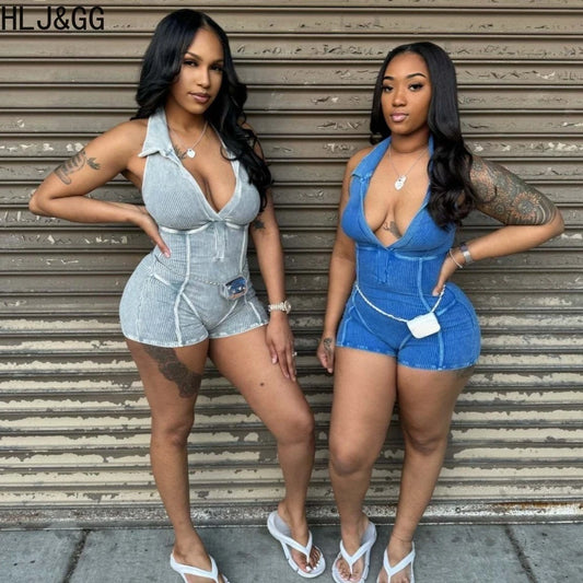 HLJ&GG Sexy Ribber Deep V Bodycon One Piece Rompers Women Sleeveless Backless Slim Jumpsuits Fashion Solid Color Overalls 2025