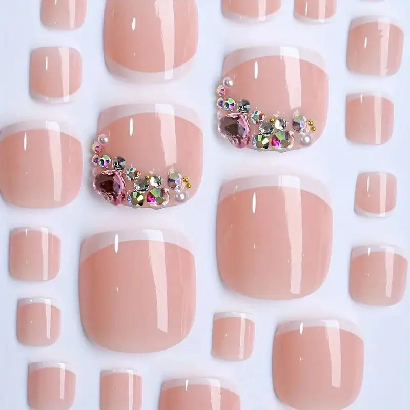 24pcs French False Toenails Glitter Diamond Decor Fake Toe nails Wearable Detachabe Ins Simple Summer Press on Nails for foot