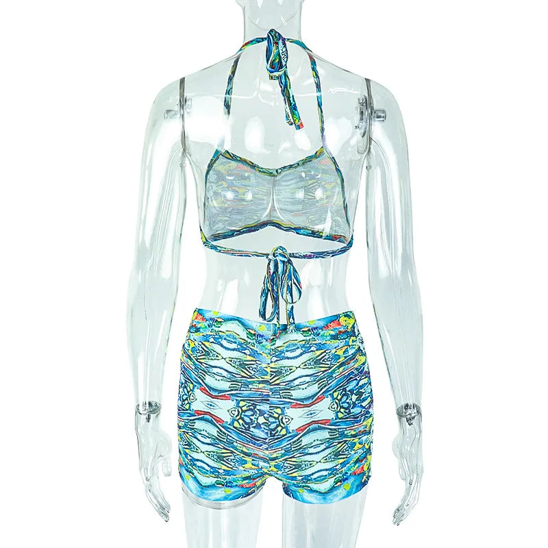 STYLISH LADY Holiday Beach Printed 2 Piece Set Women Halter Backless Crop Top and Shorts Suits 2025 Summer Sexy Club Outfits
