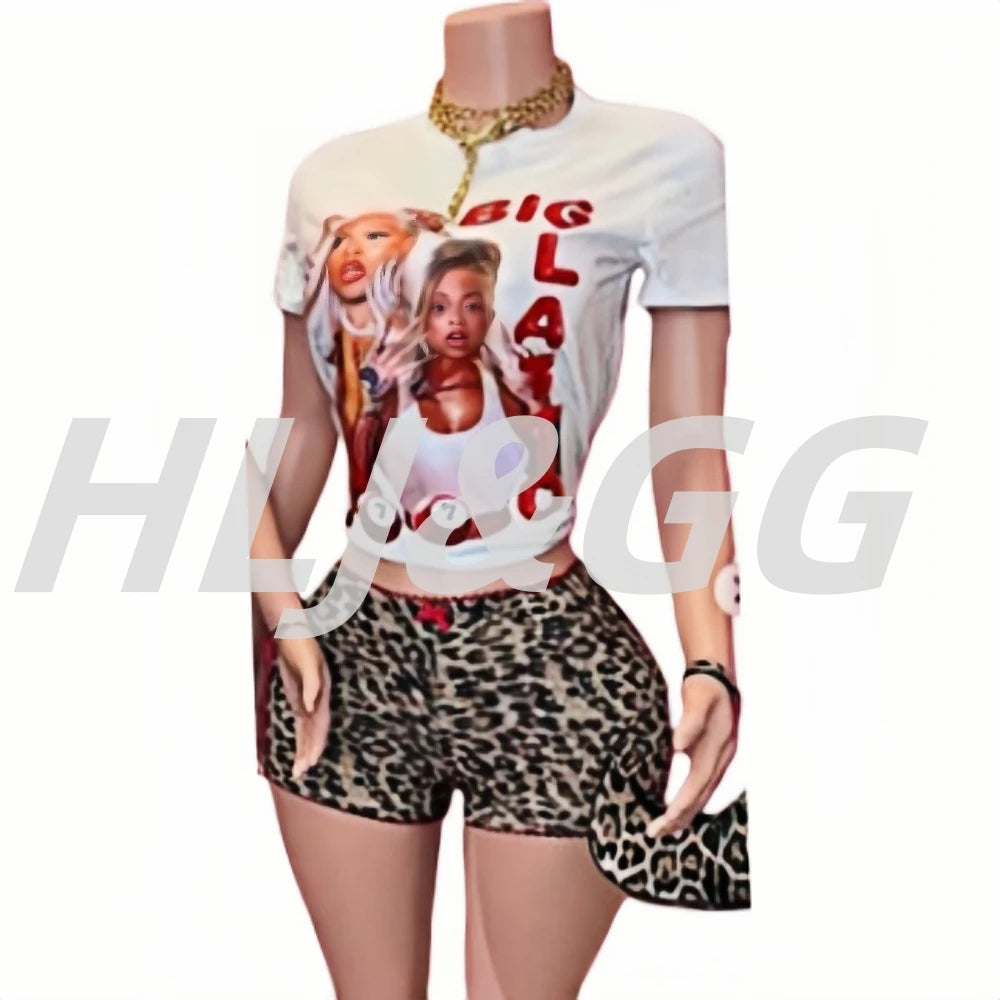 HLJ&GG Y2K Fashion Leopard Sequined Shorts Two Piece Sets Women Letter Print Round Neck Slim Crop Top And Shorts Outfits 2025