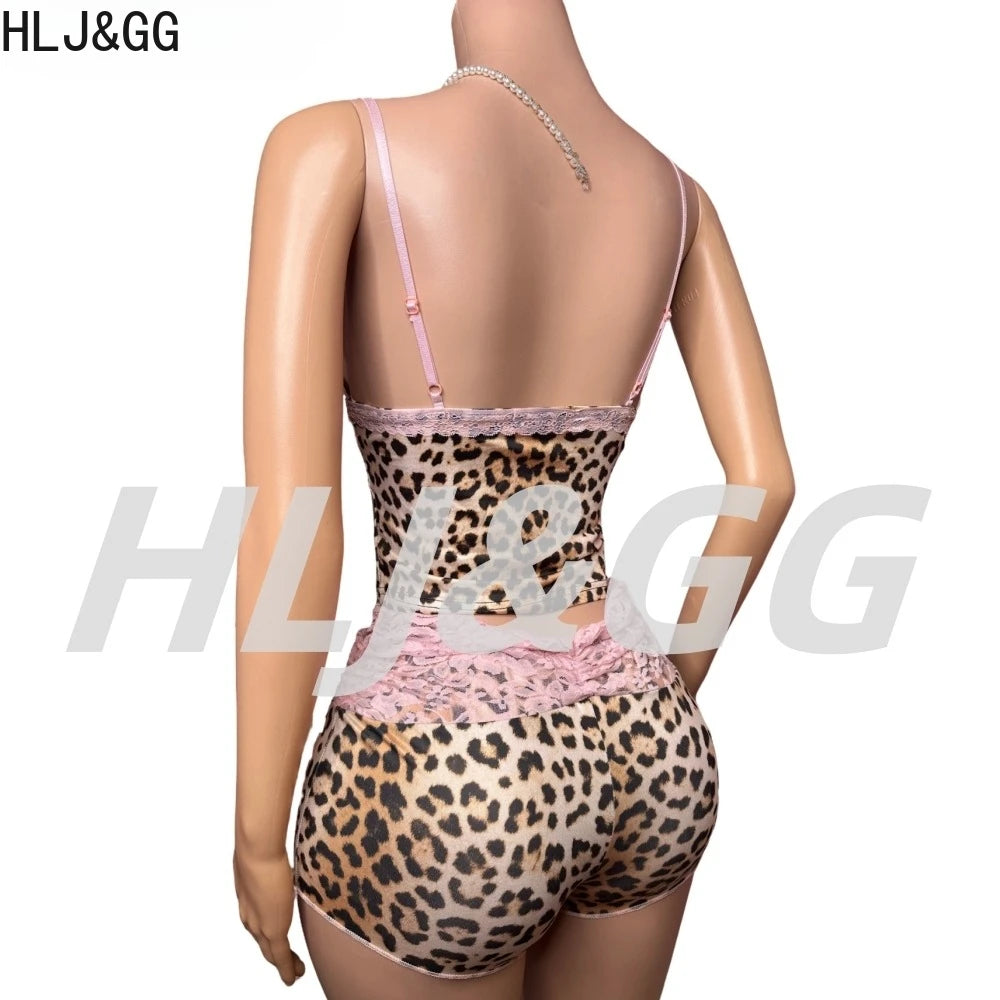 HLJ&GG Fashion Leopard Lace Stitching Two Piece Sets Women V Neck Spaghetti Strap Slim Crop Top + Shorts Outfits Sexy Streetwear