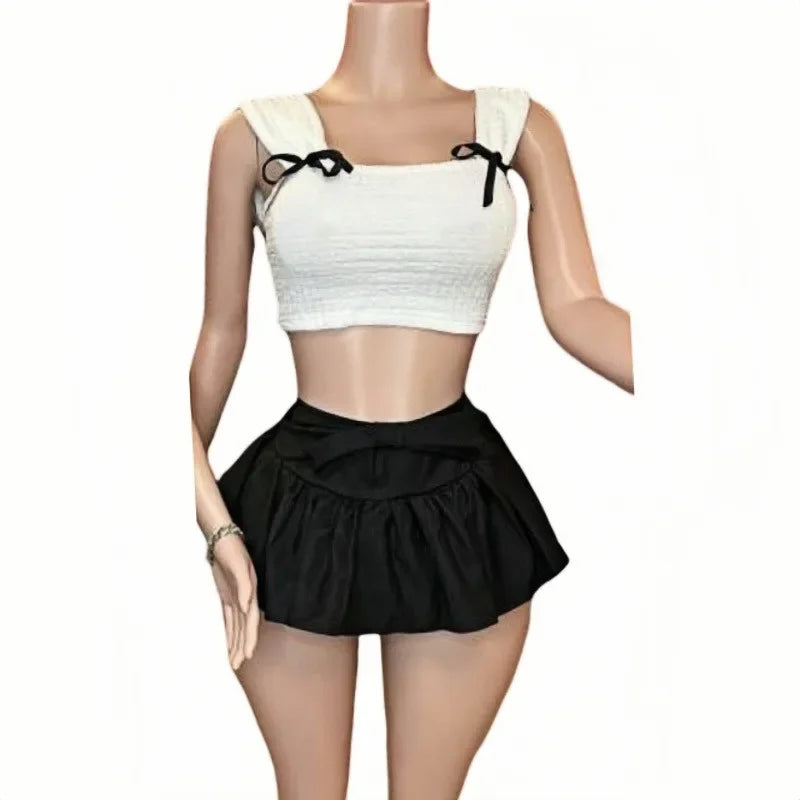 HLJ&GG White Sweet Y2K Bow Puffy Mini Skirts Shorts Two Piece Sets Women Short Sleeve Slim Top And Skirts Outfits Streetwear