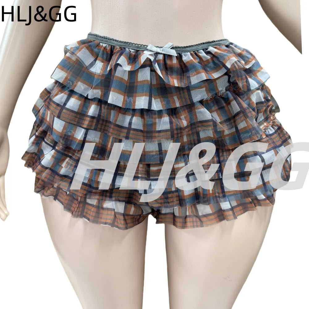 HLJ&GG Summer New Letter Y2K Streetwear Women V Neck Short Sleeve Slim Crop Top And Ruffle Plaid Shorts Two Piece Sets Outfits