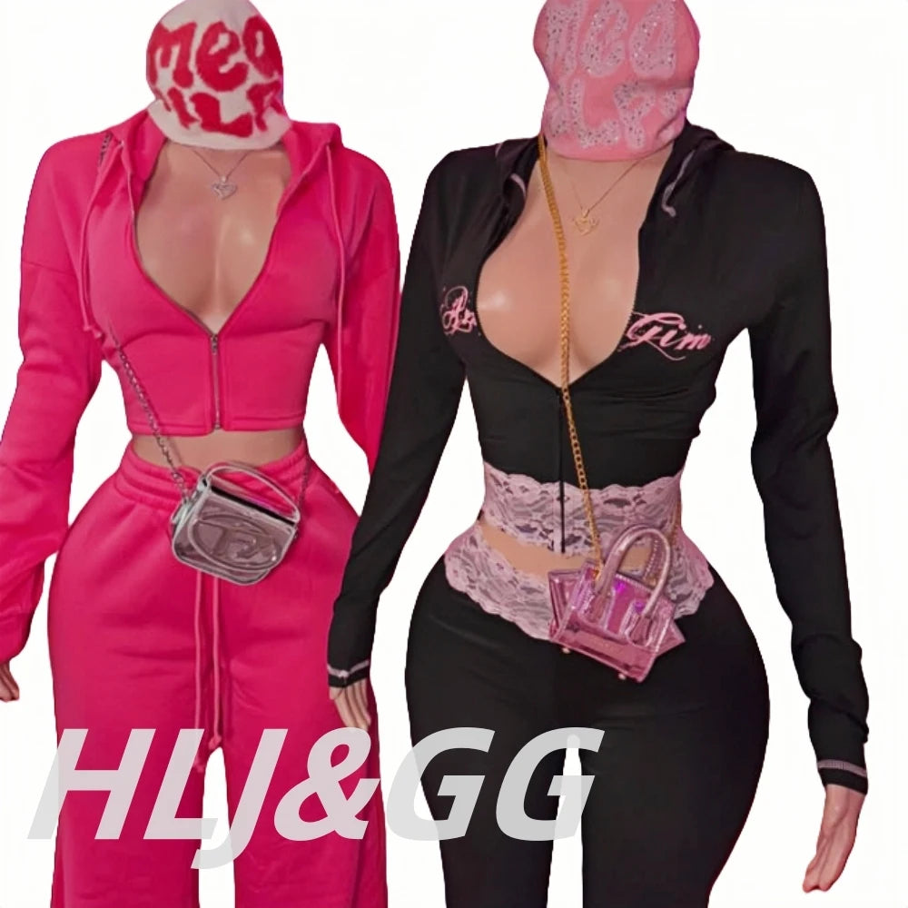 HLJ&GG Black Y2K Letter Printing Hooded Lace Splicing Two Piece Sets Women Zipper Long Sleeve Slim Top And Pants Outfits 2025