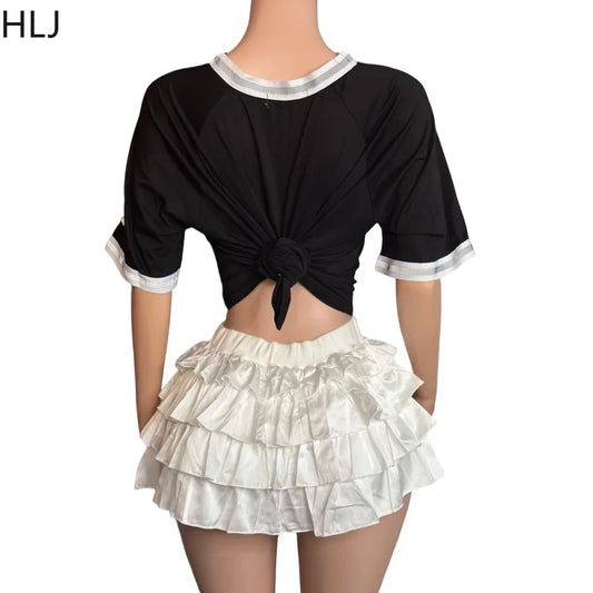 HLJ&GG Black Fashion Basketaball Tshirt Two Piece Sets Women V Neck Short Sleeve Top+Mini Bow Ruched Skirts Outfits Streetwear