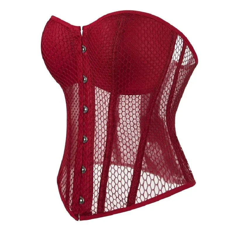 Women Lace Up Sexy Transparent Mesh Boned Corset Overbust Bustier Lingerie Bodyshaper Top Corsets Top
