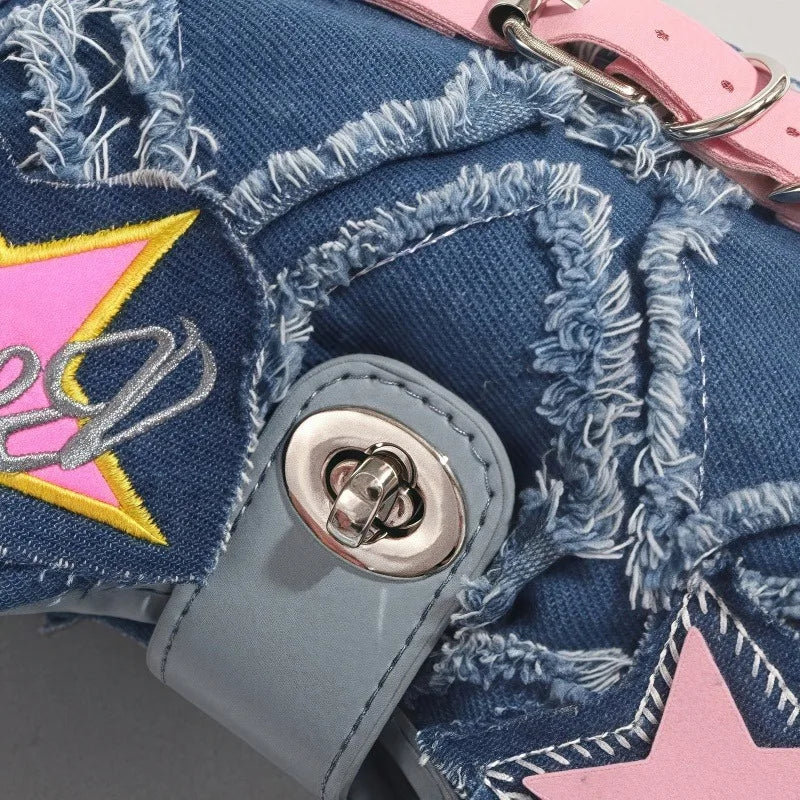 y2k Hot Girl style pink five-pointed star applied-designed fringed jeans crossbody bag A-DH