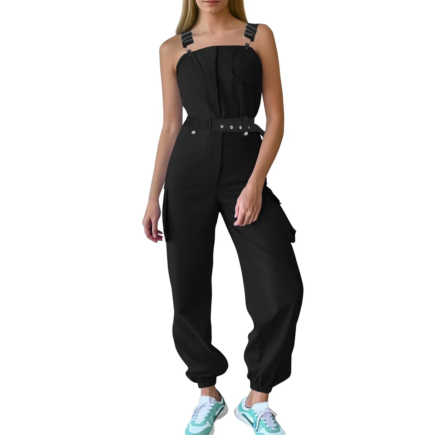 Lady's Fashion Clasp Pocket Cargo Romper Jumpsuits, Casual Jumpsuit Summer
