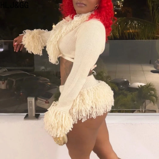 HLJ&GG Apricot Sexy Knitting Tassels Bandage Two Piece Sets Women Long Sleeve Hollow Crop Top And Side Slit Mini Skirts Outfits