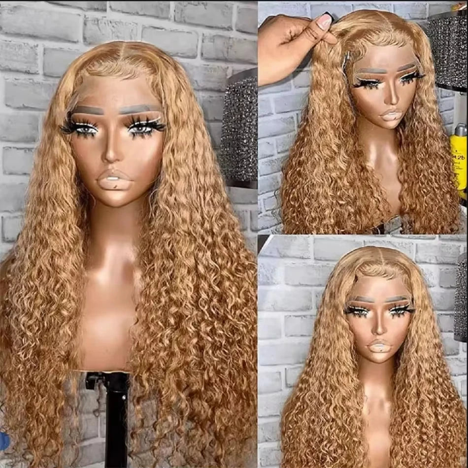 #27 Honey Blonde Human Hair Wig Deep Wave 13x4 13x6 hd Lace Frontal Wig Pre Plucked 30 inch Blonde Curly Lace Front Wig