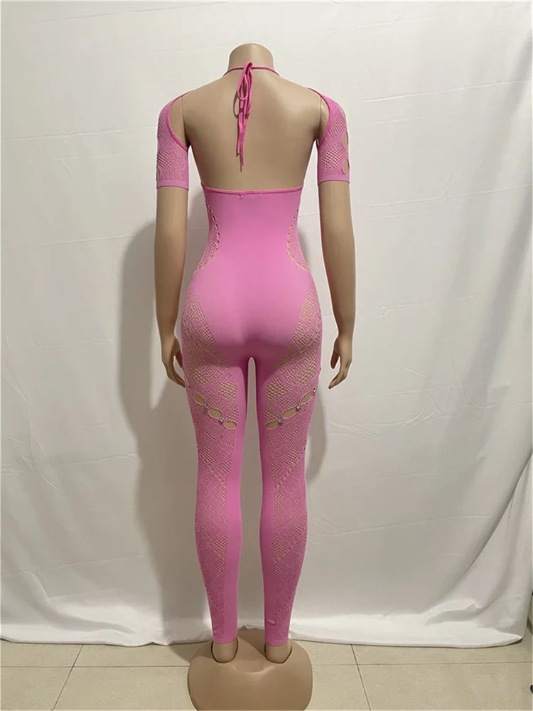 Weird Puss Rhinestone Embellished Women Jumpsuit Backless Halter Hollow Sheer Sexy Slim One Pieces Bodycon Hottie Party Clubwear