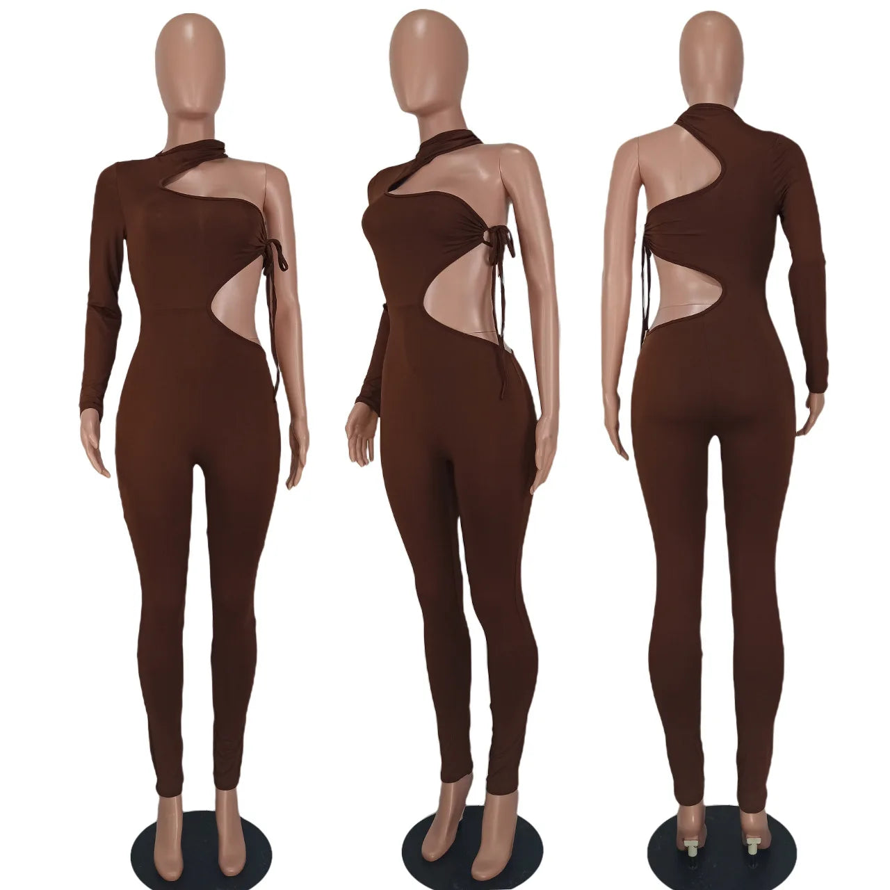 CM.YAYA Women Sexy Party Club Tie Up Open Side One Shoulder One Long Sleeve Jumpsuit Skinny Solid One Piece Overall Set Outfits