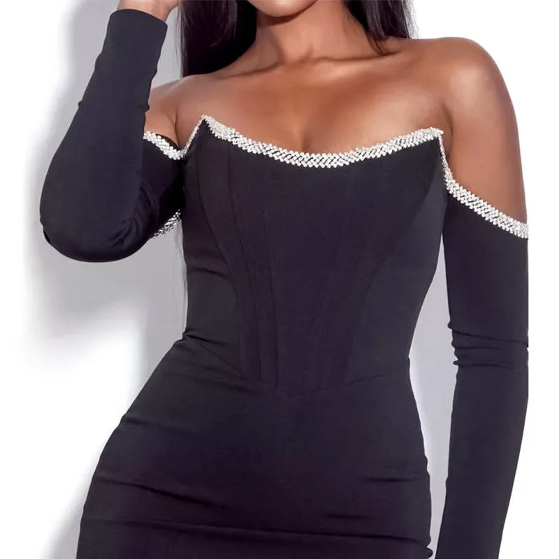 Dress Long Sleeve Black Fishbone Dress, Rhinestone Sexy Off Shoulder Bodycon Party Dress Short Elegant Lady's Party Dresses