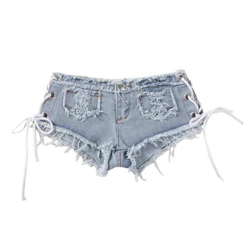 Women's Y2K Low Rise Denim Micro Shorts Lace-Up Side Frayed Booty Shorts for Rave Party Nightclub