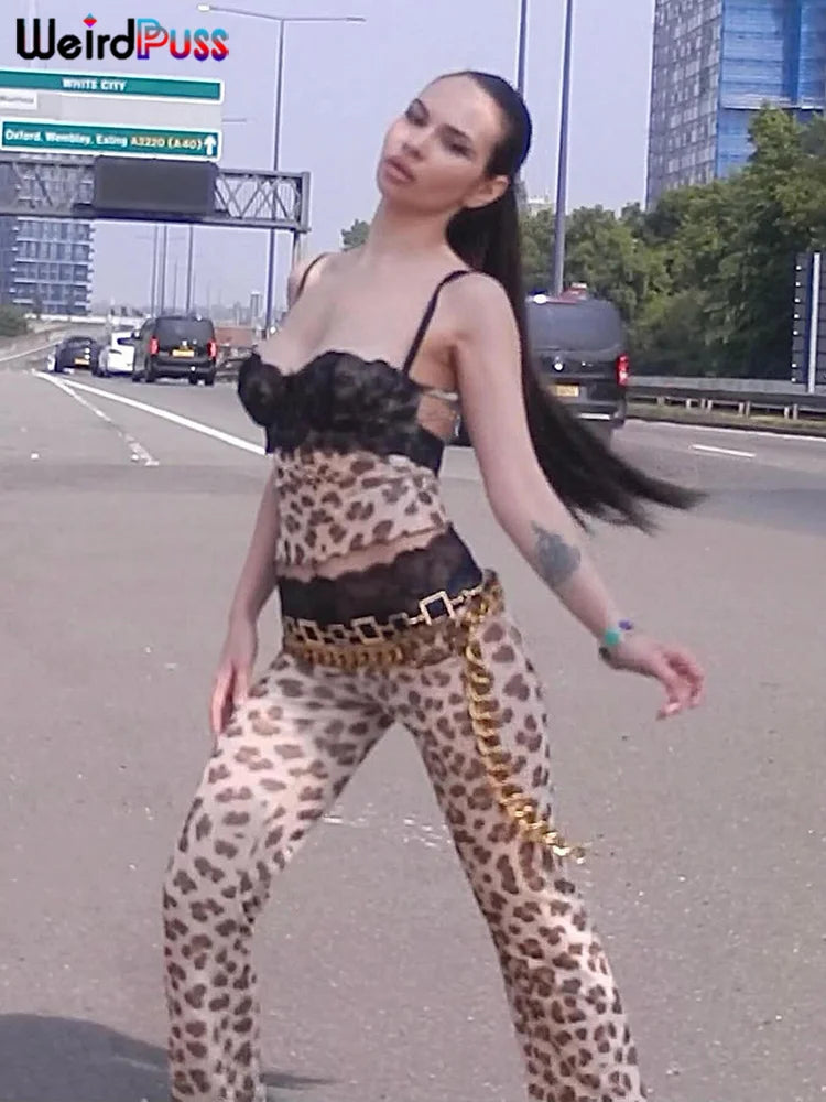 Weird Puss Mesh Patchwork 2 Piece Set Women Sexy Cleavage Sleeveless Crop Tops+Leopard Print Skinny Pants Street Wild Trend Suit