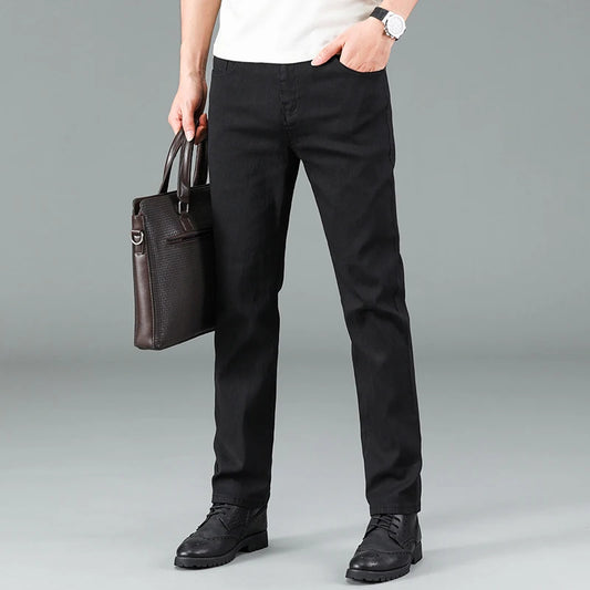 Men's pure black jeans Korean version trendy straight fit pants men's comfortable and elastic classic business denim