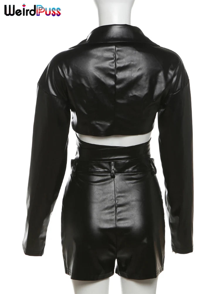 Weird Puss PU Hipster Leather 2 Piece Set Women Fall Trend v-Neck Cross Sash Sexy Crop Tops+Shorts Matching Streetwear Outfits