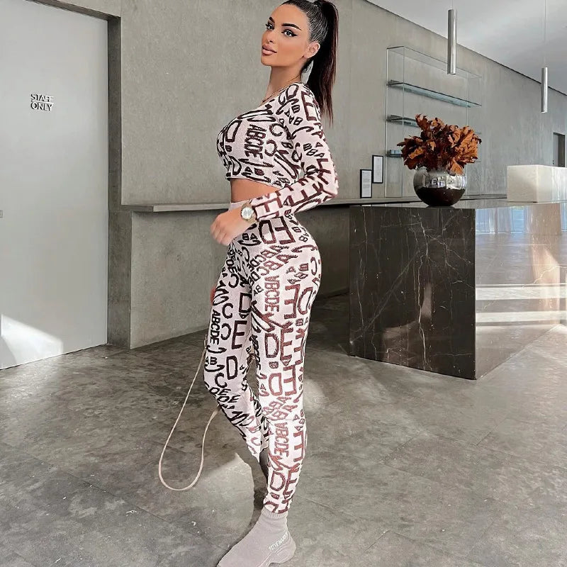 STYLISH LADY Letter Printed Sporty 2 Piece Set Women Long Sleeve Crop Top and Skinny Pant Suits 2025 Summer Sexy Street Outfits