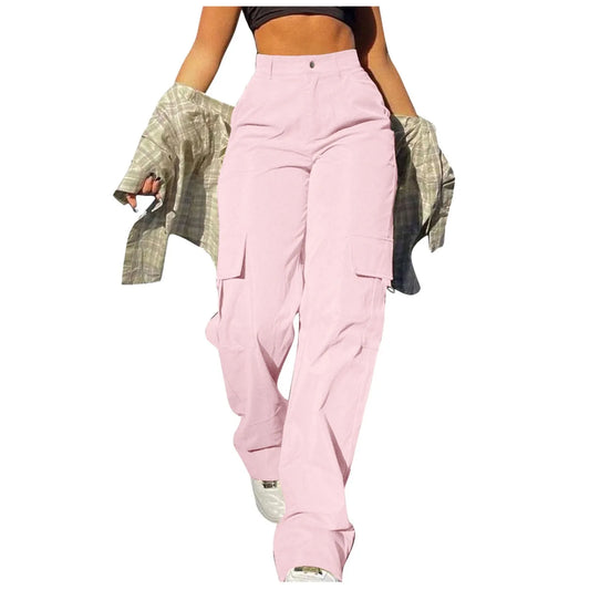 Women Cargo Pants With Pockets Stretch High Waisted Casual Sweatpants Straight Wide Leg Long Pants Sporty Jogger Trouser