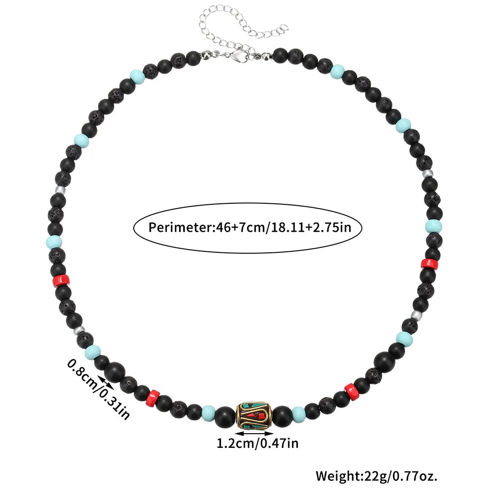 Bohemian Natural Stone Beads Necklace Retro Black Round Beads Necklace For Men Fashion Summer Jewelry Accessories