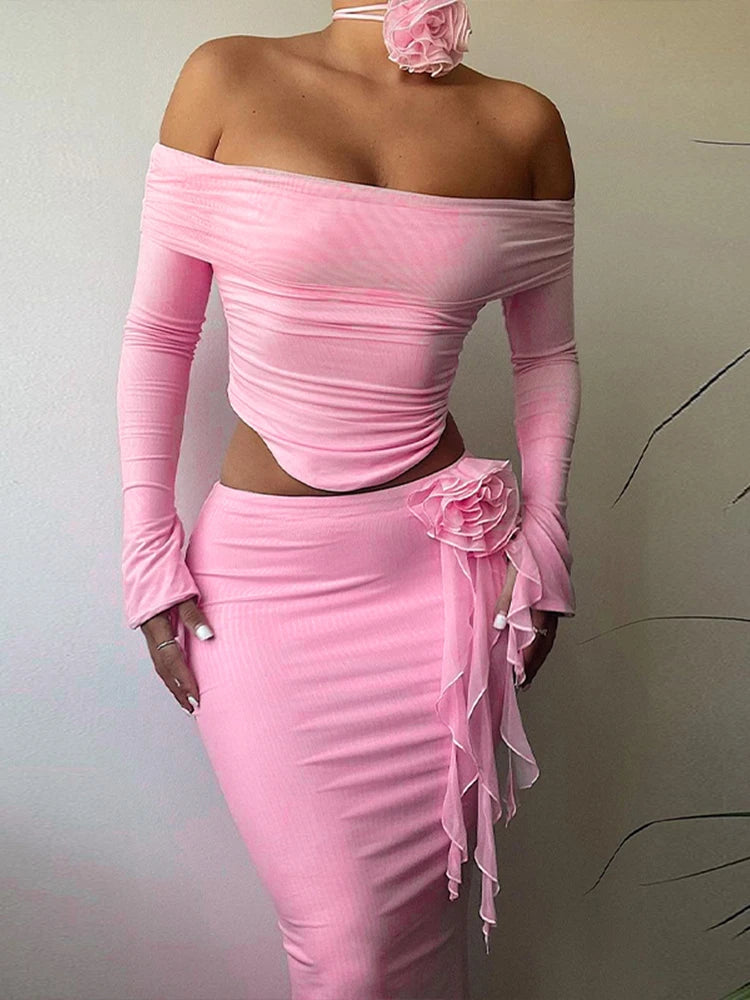 Dulzura Matching Suit Neck Accessories 3D Flower Off Shoulder Long Trumpet Sleeves Crop Top Tassel Maxi Skirt 2024 Autumn Women