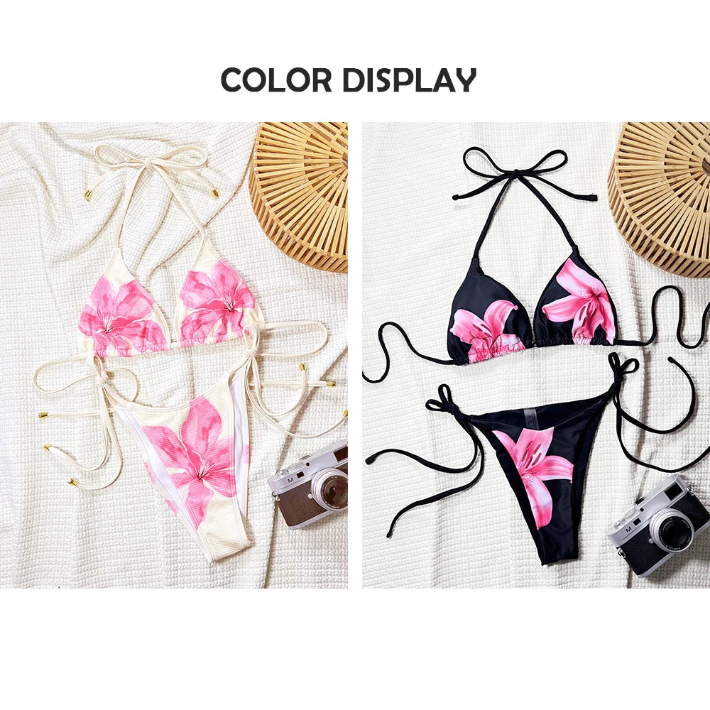 Una-Shop Floral Print Swimsuits For Women Neck Hanging Bikinis Sets Vacation Swimwear Summer Beach Swimming Pool Party Beachwear
