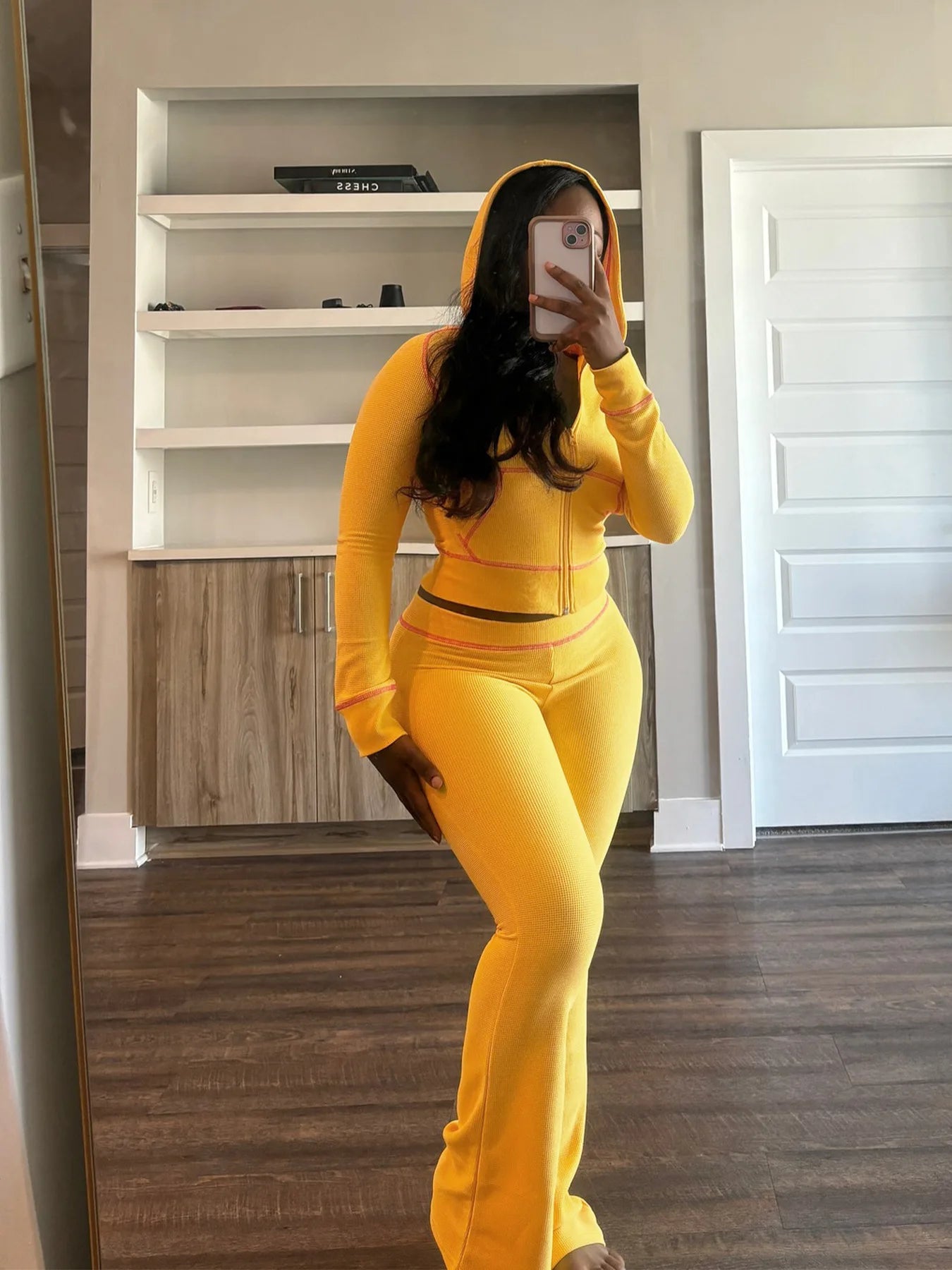 HLJ&GG Spring New Waffle Flare Pants Two Piece Sets Women Zip Hooded Long Sleeve Top + Pants Outfits Casual Sporty 2pcs Clothing