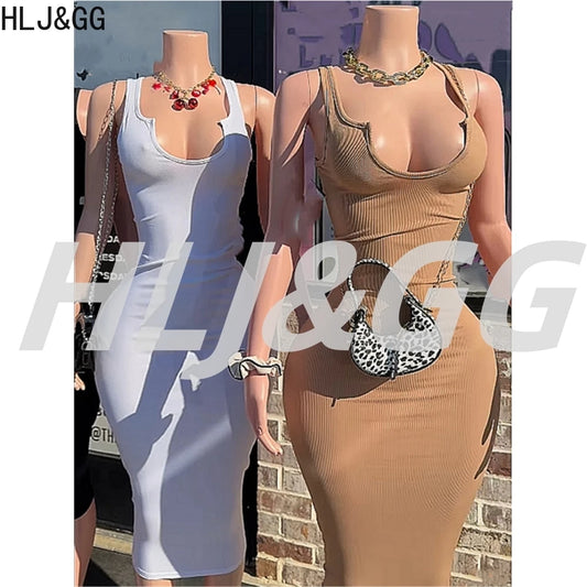 HLJ&GG Summer New Deep V Bodycon Long Dresses Women Sleeveless Backless Slim Vestidos Sexy Female Solid Color Streetwear Robe