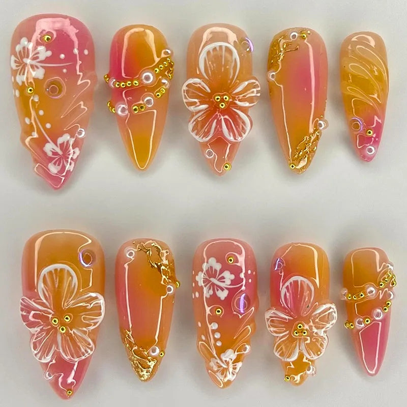 24pcs Short Almond French Press on Nails Ins Flower Design Fake Nail Tips Wearable Full Cover Sweet Korean Cute Fake Nail Patch