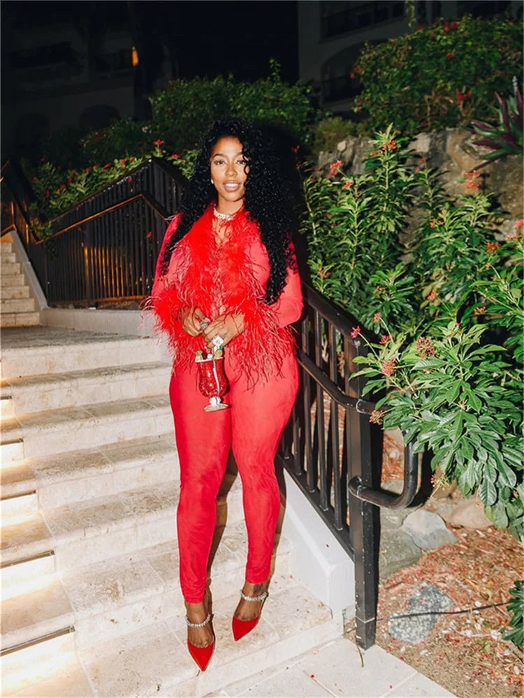 Weird Puss Sexy Fashion 2 Piece Set Women Fluff Patchwork Lace-Up Full Sleeve+Skinny Peach Hip Pants Club Coquett Trend Outfits