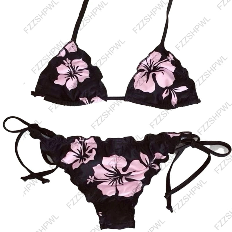 Blue Plaid Lace-up Bow Decorate Kawaii Bikini Sets Halter Striped Bra Underwears Y2k Swimsuits Lolita Bathing Suit Girls