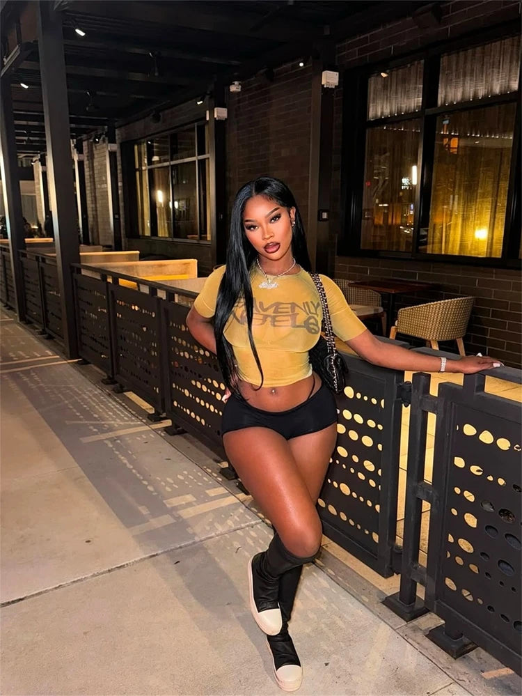 STYLISH LADY Letter Printed Mesh T Shirts 2025 Summer Women Short Sleeve O Neck See Through Sexy Club Party Street Tops Tees