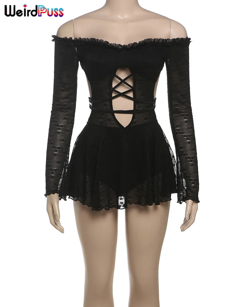 Weird Puss Slash Neck Backless Dress Sexy Fall Trend Women Thin Bandage Hollow Lace Birthday Party Stretch Jacquard Mini Bodycon