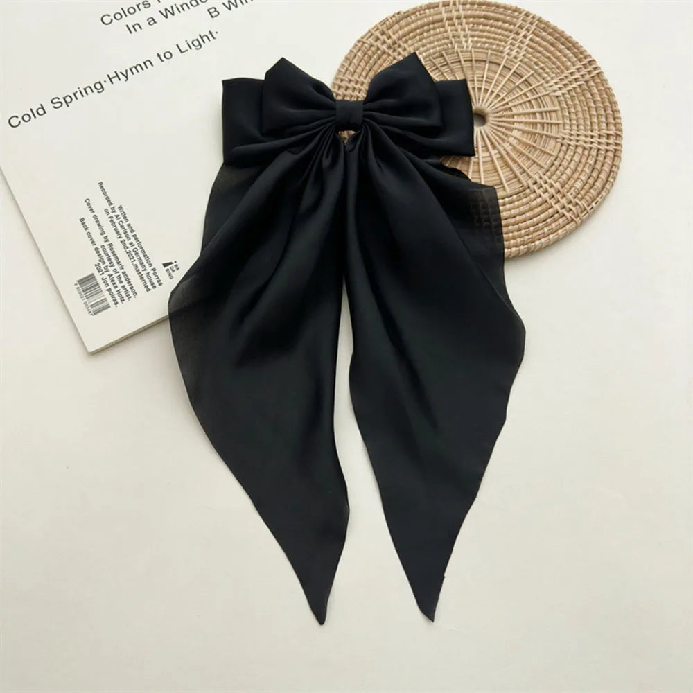 Ladies Satin Large White pink Red Blue Black Ribbon bow Oversized bow Long tail hair clip spring clip ponytail Hair accessorie