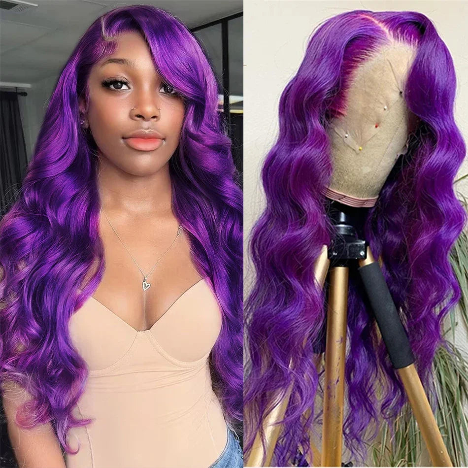 180% Purple Colored Lace Front Wig Transparent 13x4 Lace Front Human Hair Wigs Pre Plucked Body Wave Lace Frontal Wig For Woman