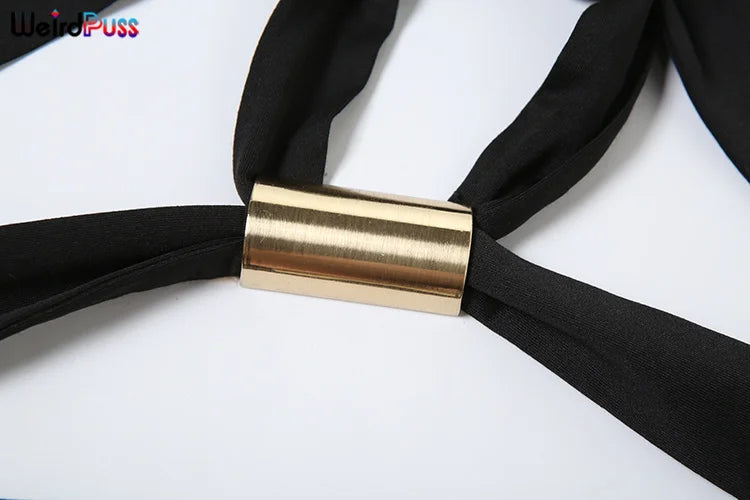 Weird Puss Ruched Romper Women Chic Metal Buckle Hollow Backless Halter Sleeveless Hipster Stretch Luxury Slim Playsuit Clubwear