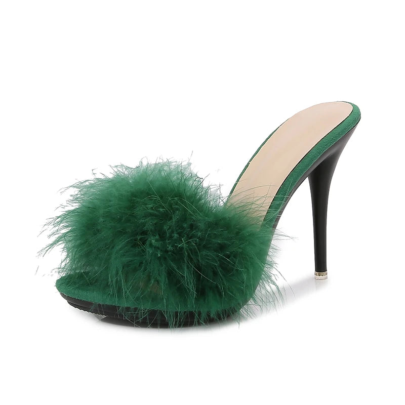 10CM Thin High Heel Designer Plus Size Summer Slippers For Ladies 2025 New Furry Slip-on Women's Shoes Pink Fur Slides Sandals