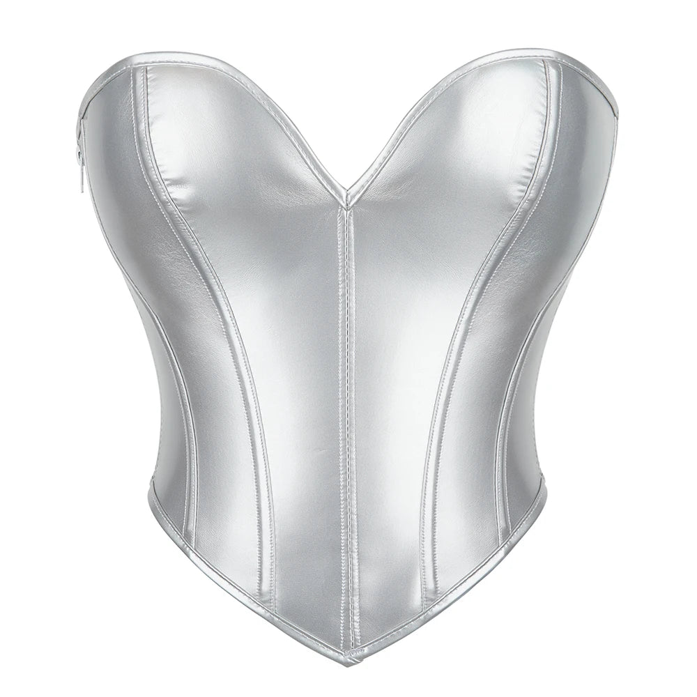 Women Short Bandeau Corset Silver Strapless Bustier Crop Tube Top Summer Streetwear