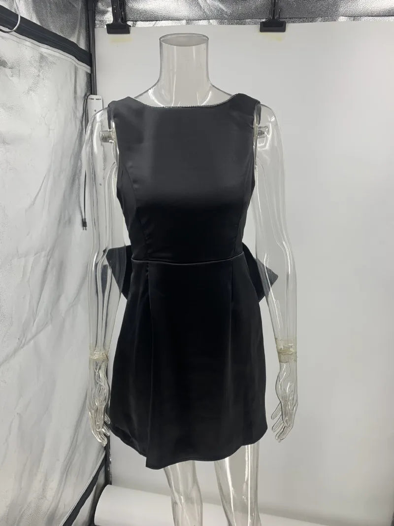 2025 Summer Luxurious Women Satin Party Evening Dress Elegant Sleeveless O Neck Bow Celebrity Guest Cocktail Dress