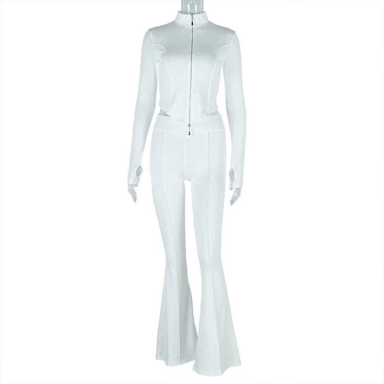 STYLISH LADY Solid Color Sporty 2 Piece Set Women Long Sleeve Crop Top and Flare Pant Suits 2025 Summer Casual Fitness Tracksuit