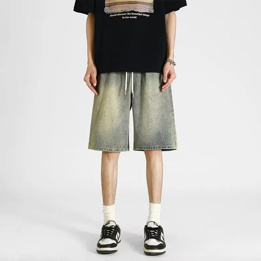 denim shorts, men's 2025 summer thin style retro loose American fashion brand casual five inch mid length pants