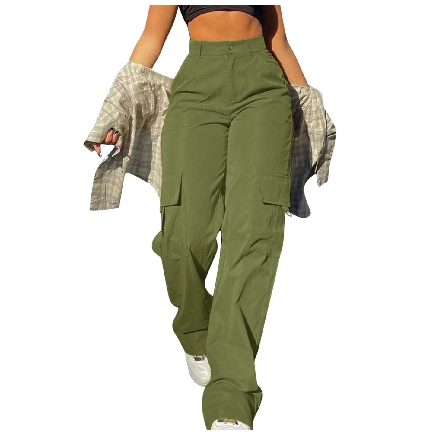 Women Cargo Pants With Pockets Stretch High Waisted Casual Sweatpants Straight Wide Leg Long Pants Sporty Jogger Trouser