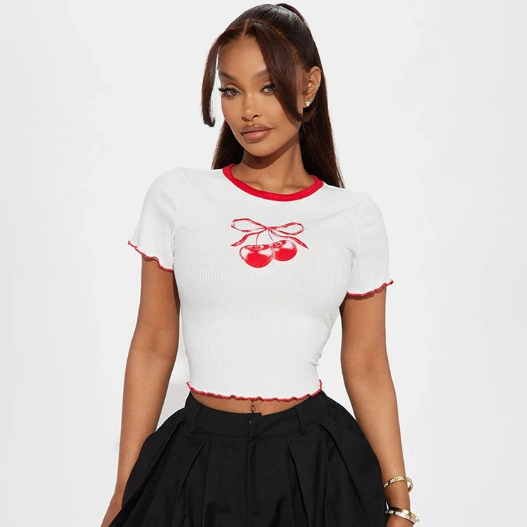 STYLISH LADY Cherry Printed Crop Tops 2025 Summer Women Short Sleeve O Neck Slim Ribbed Contrast Color Casual Street T Shirts