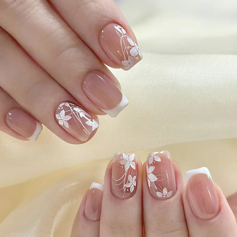 24pcs Nude Pink False Nails Patches 3D Bowknots Flower Press On Nails 2024 New Wearable White French Style Fake Nail Tips