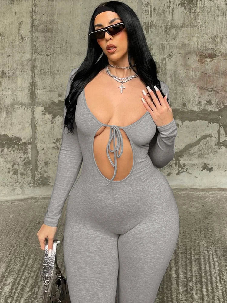 Dulzura Solid Pure Hole Hollow Out Straps Lace-Up Jumpsuit Long Sleeves 2023 Summer Autumn For Women Sexy Streetwear Wholesale